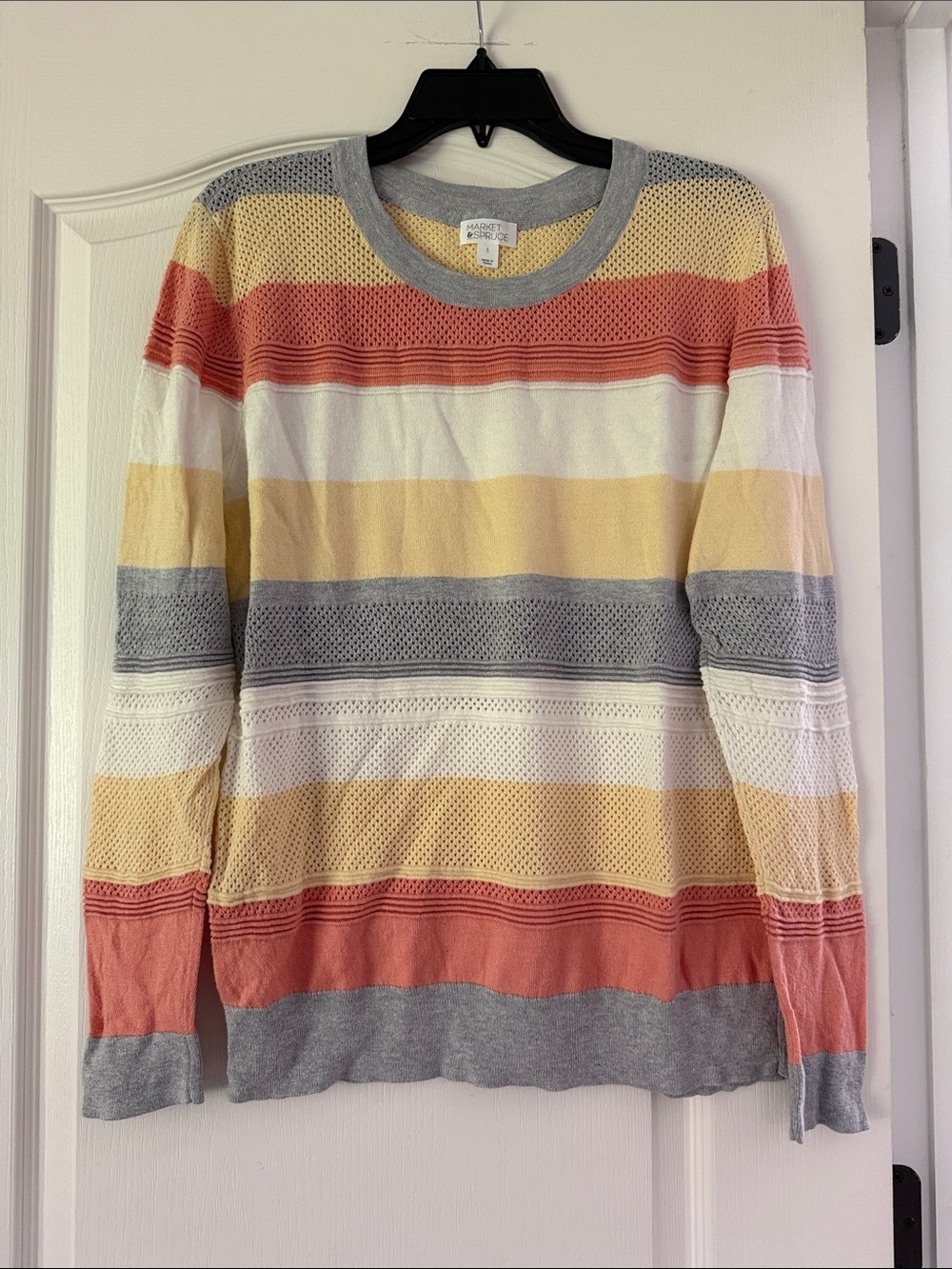Market & Spruce Striped Scoopneck Sweater in Coral, Yellow, White & Gray